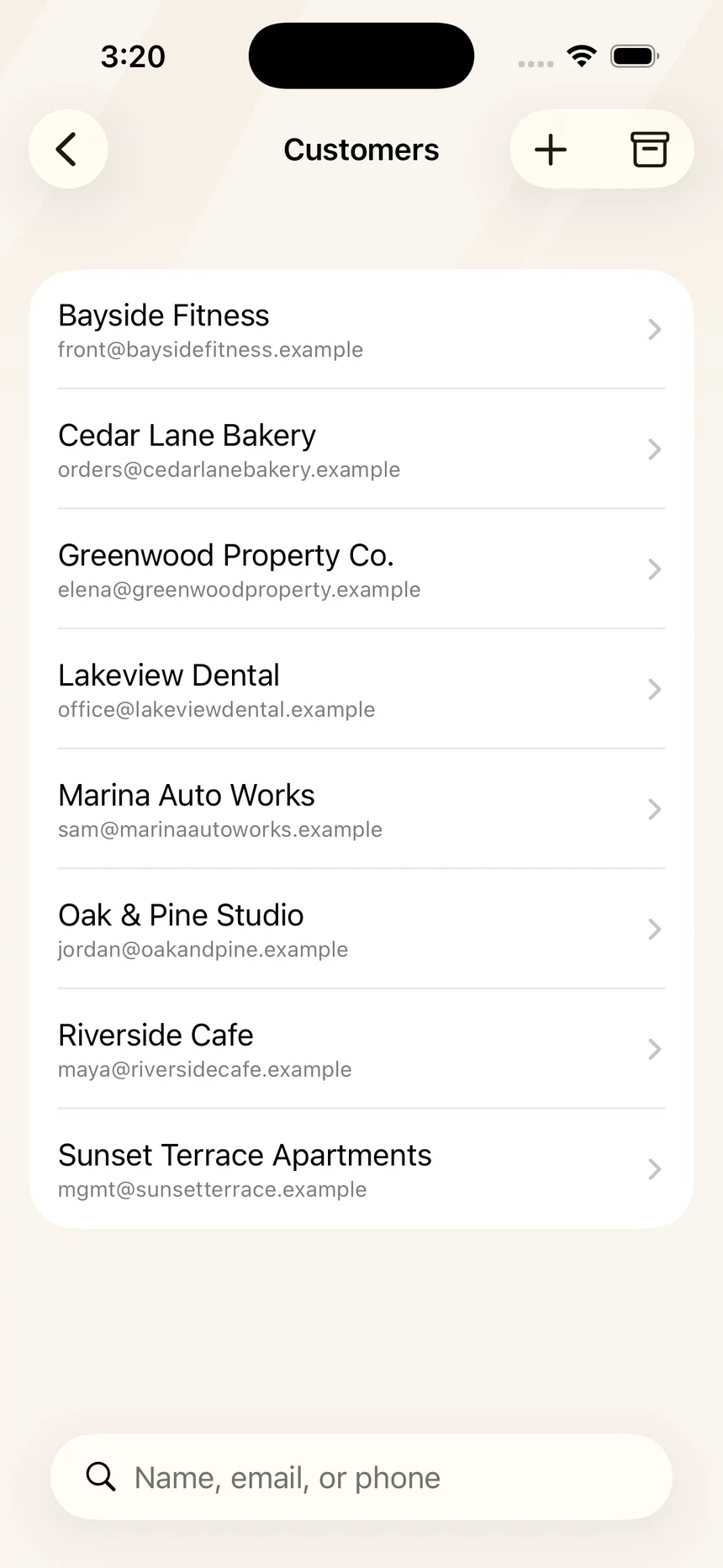 The Customers screen, listing saved customers alphabetically — Bayside Fitness, Cedar Lane Bakery, Greenwood Property Co., Lakeview Dental and others — each with the email address saved against it, above a field for searching by name, email or phone.