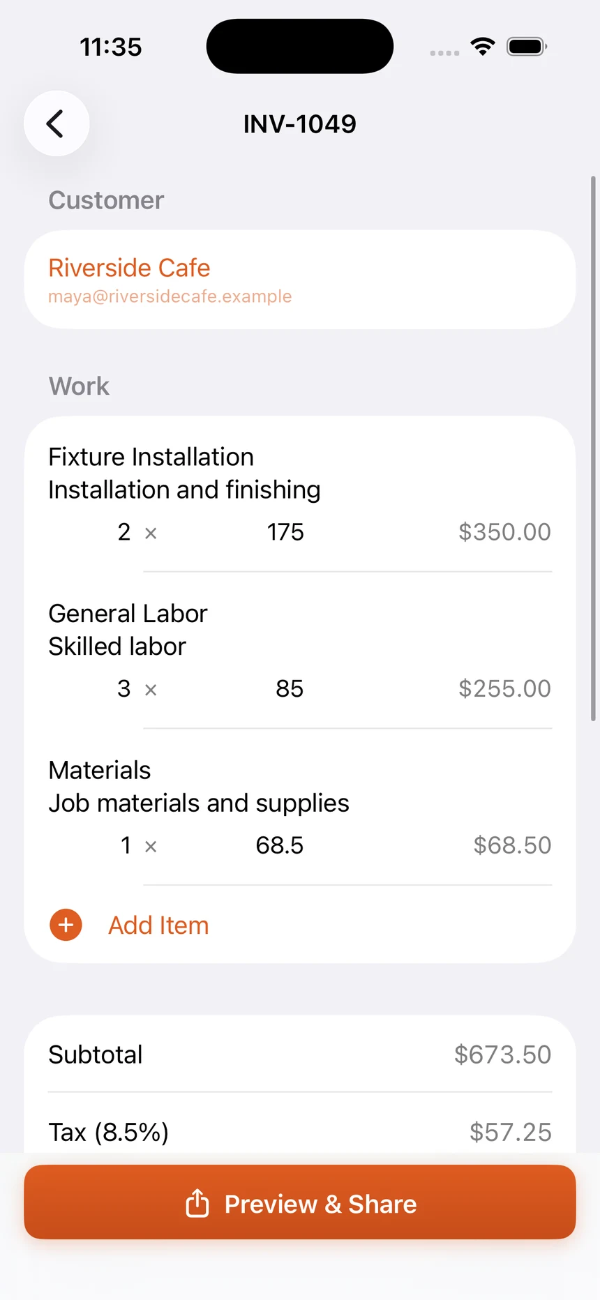 The Invoice Tiger invoice editor on an iPhone. Invoice INV-1049 for Riverside Cafe, with three line items showing quantity, rate and amount, an Add Item button, a running subtotal and tax, and a Preview and Share button.